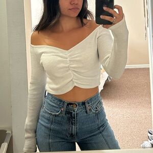 Popular 21 White Scrunched Off The Shoulder Crop Top